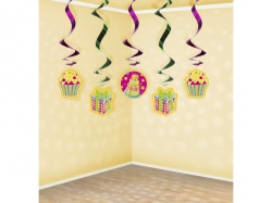Závěsné spirály s obrázky dárečků, cupcakes a dortem.